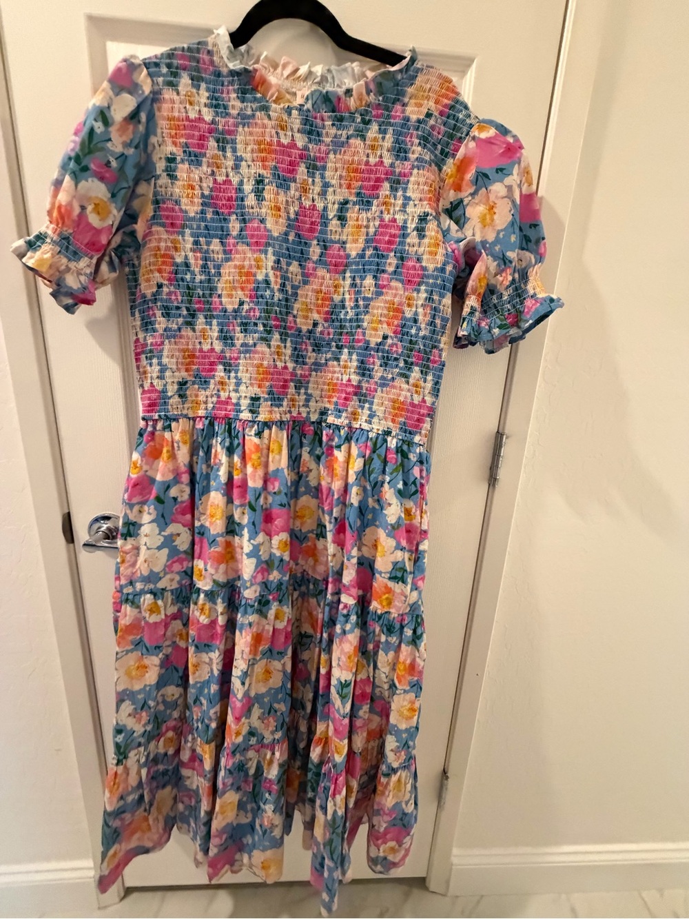 Ivy City Co Blue Floral Smocked Midi with Pink & Yellow Blooms
